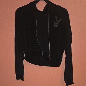 PLAYBOY Black Cropped Hoodie Jacket with Logo